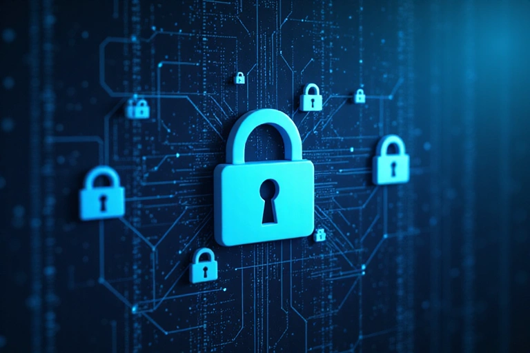 Abstract illustration of data security and privacy, with padlock icons and digital patterns