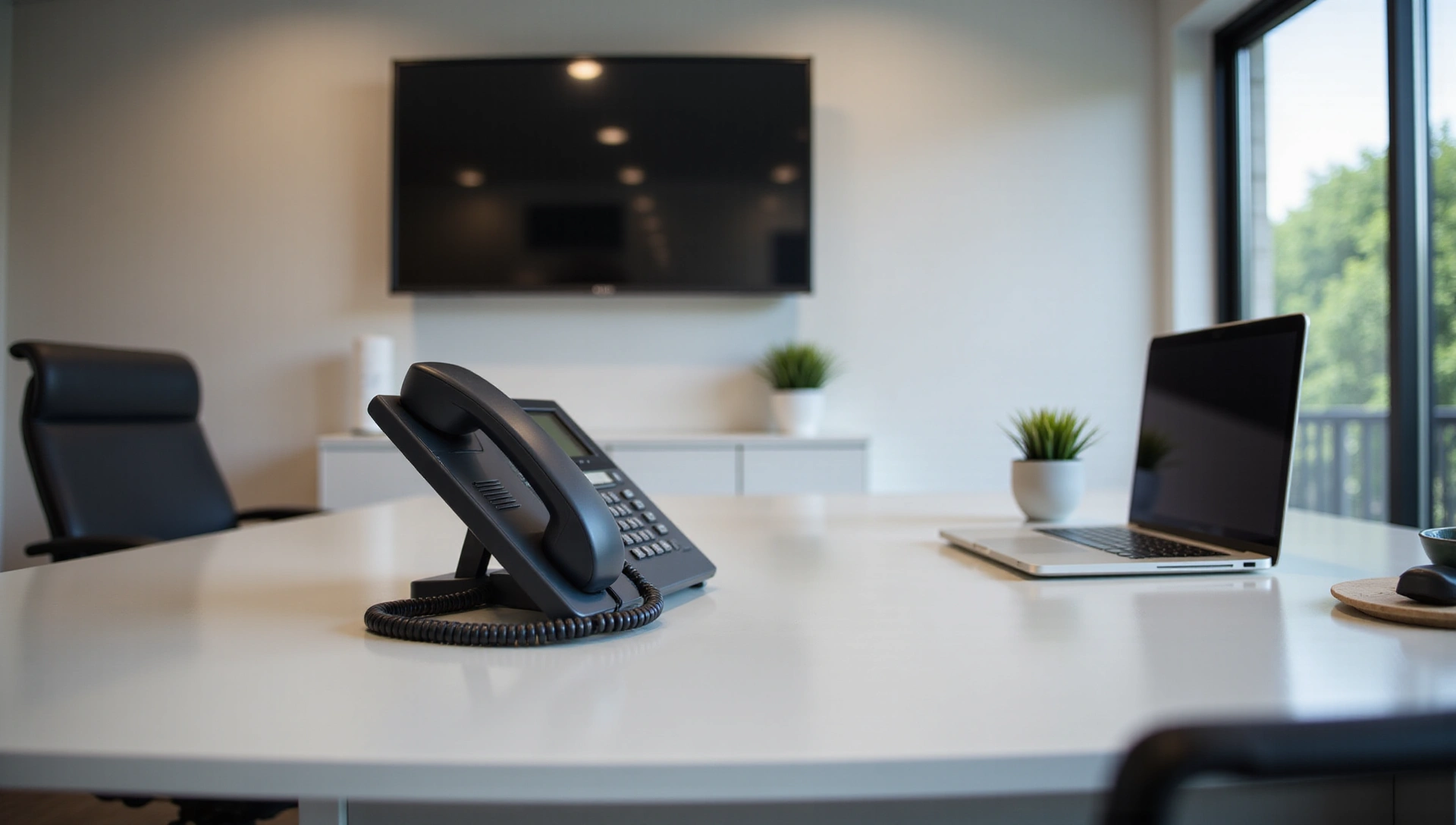 Σύγχρονο γραφείο με τηλέφωνο και φορητό υπολογιστή